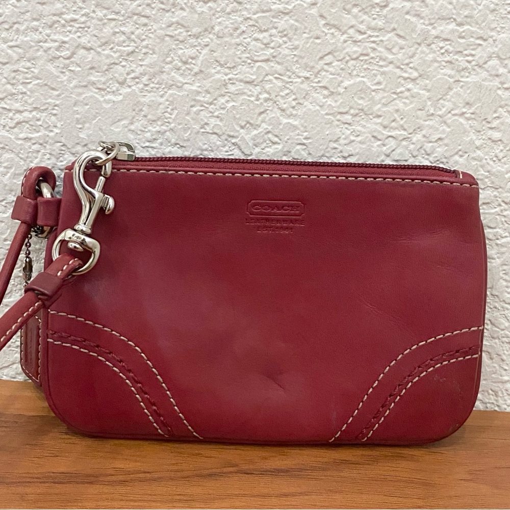 Coach Red Wine Leather Wristlet Small